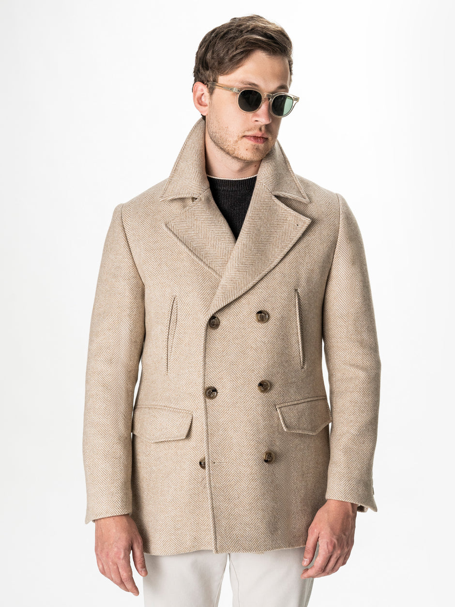 Palton Scurt Barbati Crem Herringbone din Lana BMan0010 (7)