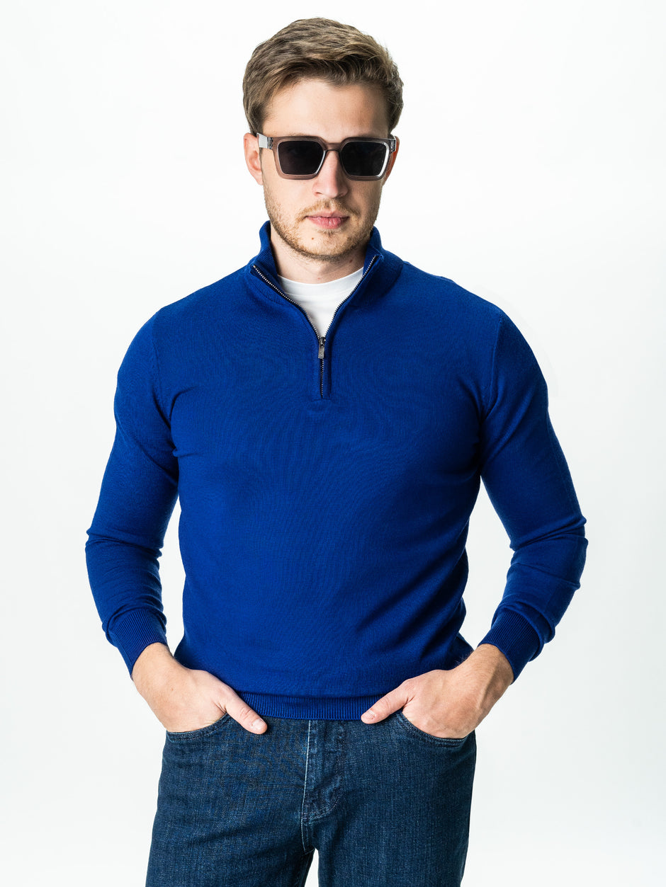 Pulover Cu Fermoar Albastru Indigo Barbati Office Lana Merino Falco BMan0003 (4)