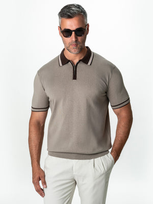 Tricou Barbati Polo Grej Cu Guler Cafeniu Cu Fermoar Bumbac BMan300