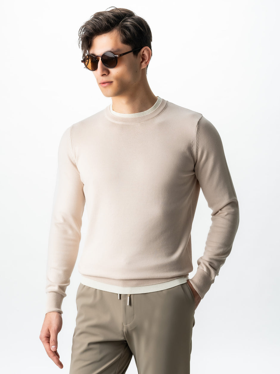 Pulover Barbati Modern Casual Crem Cu Extensie Alba Bumbac Premium Levent Cottone Toamna&Iarna  BMan0011 (2)