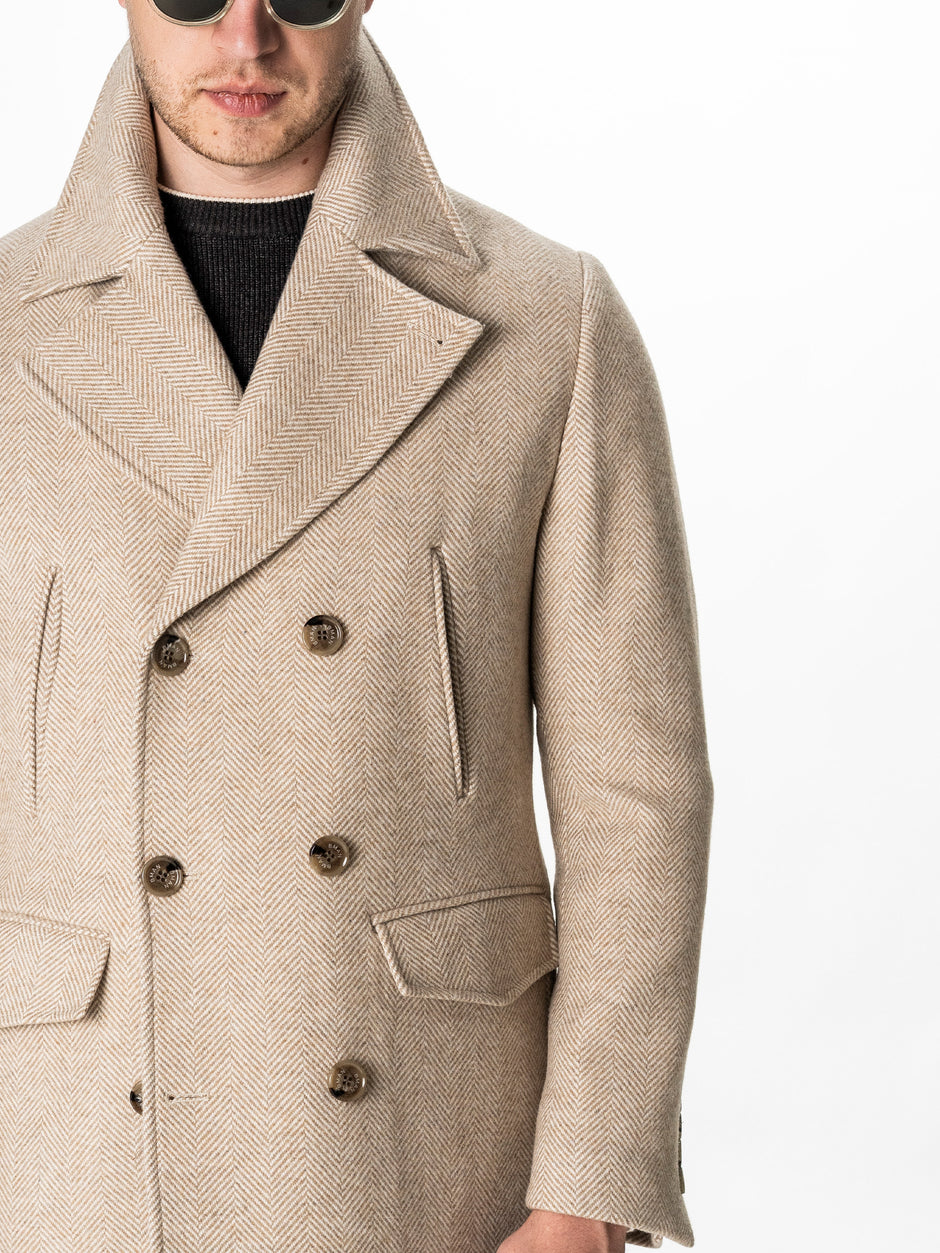 Palton Scurt Barbati Crem Herringbone din Lana BMan0010 (4)