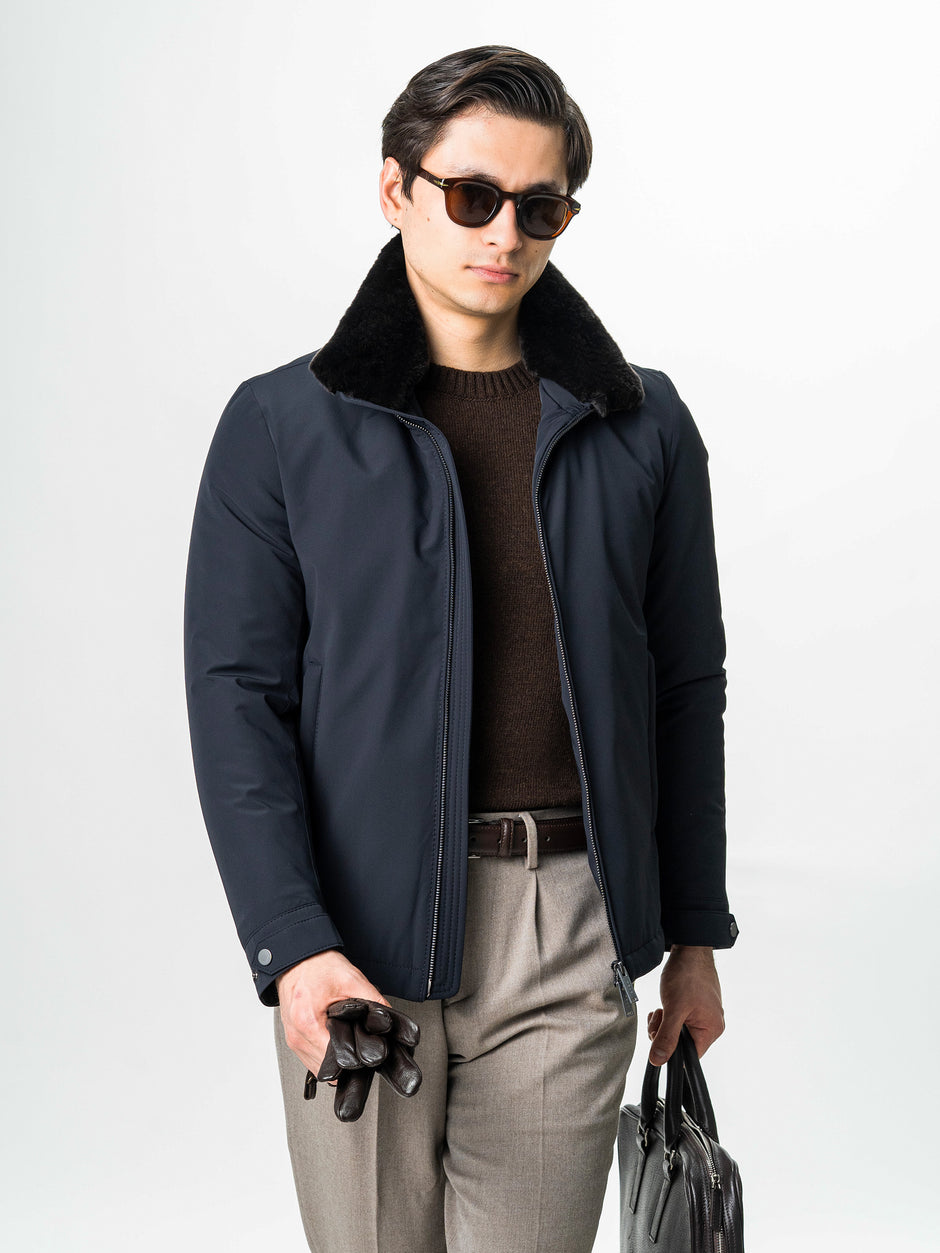 Geaca Barbati Toamna Iarna Bleumarin Guler Blana Naturala BMan0003 (4)