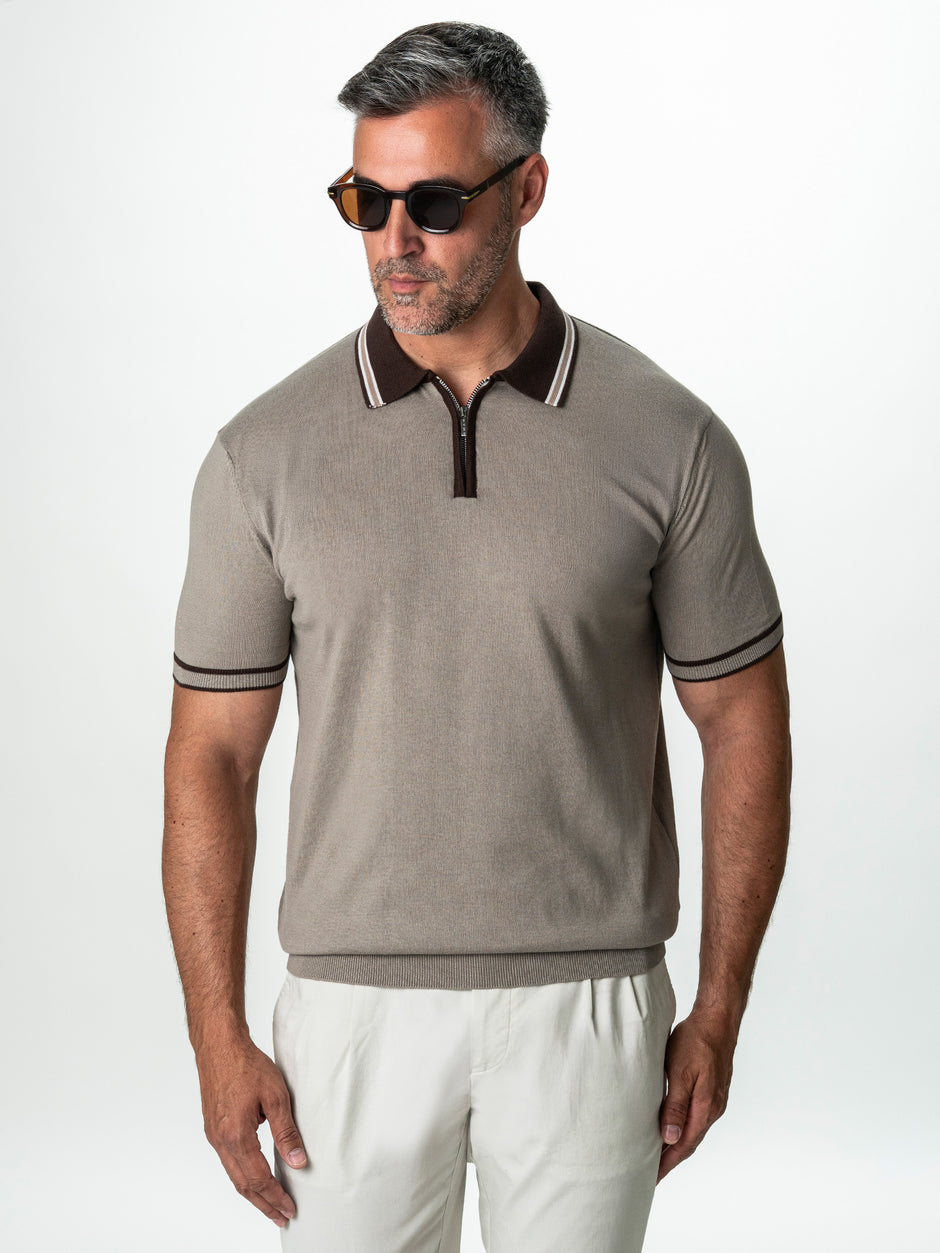 Tricou Barbati Polo Grej Cu Guler Cafeniu Cu Fermoar Bumbac BMan300 (5)