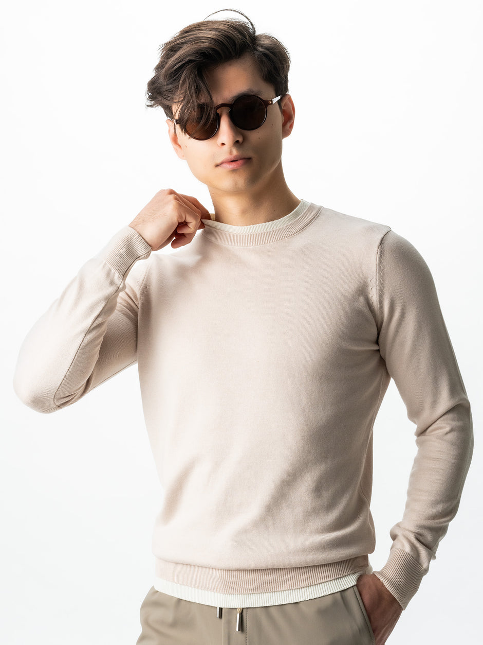 Pulover Barbati Modern Casual Crem Cu Extensie Alba Bumbac Premium Levent Cottone Toamna&Iarna  BMan0011 (5)