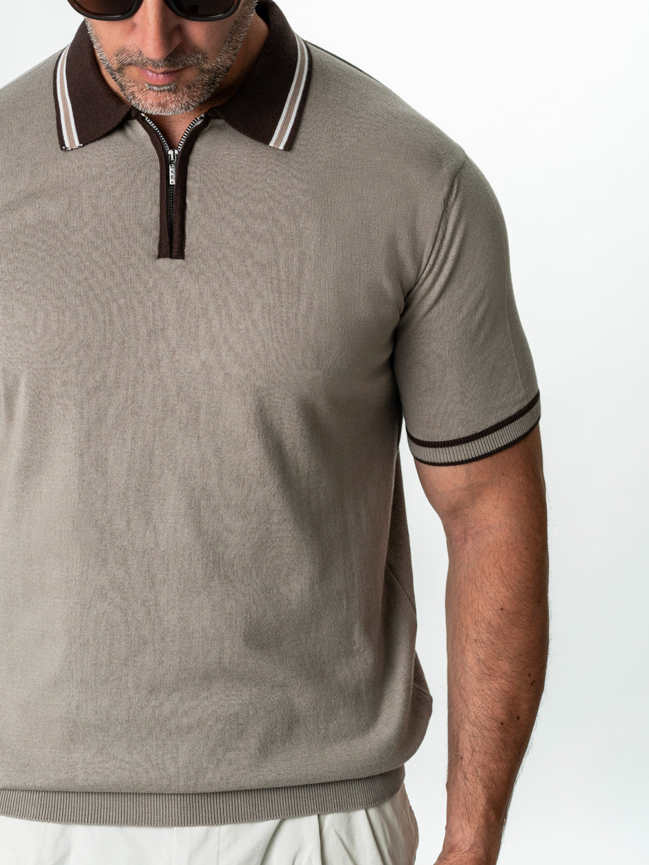 Tricou Barbati Polo Grej Cu Guler Cafeniu Cu Fermoar Bumbac BMan300 (6)