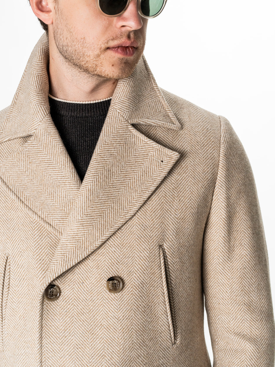 Palton Scurt Barbati Crem Herringbone din Lana BMan0010 (6)