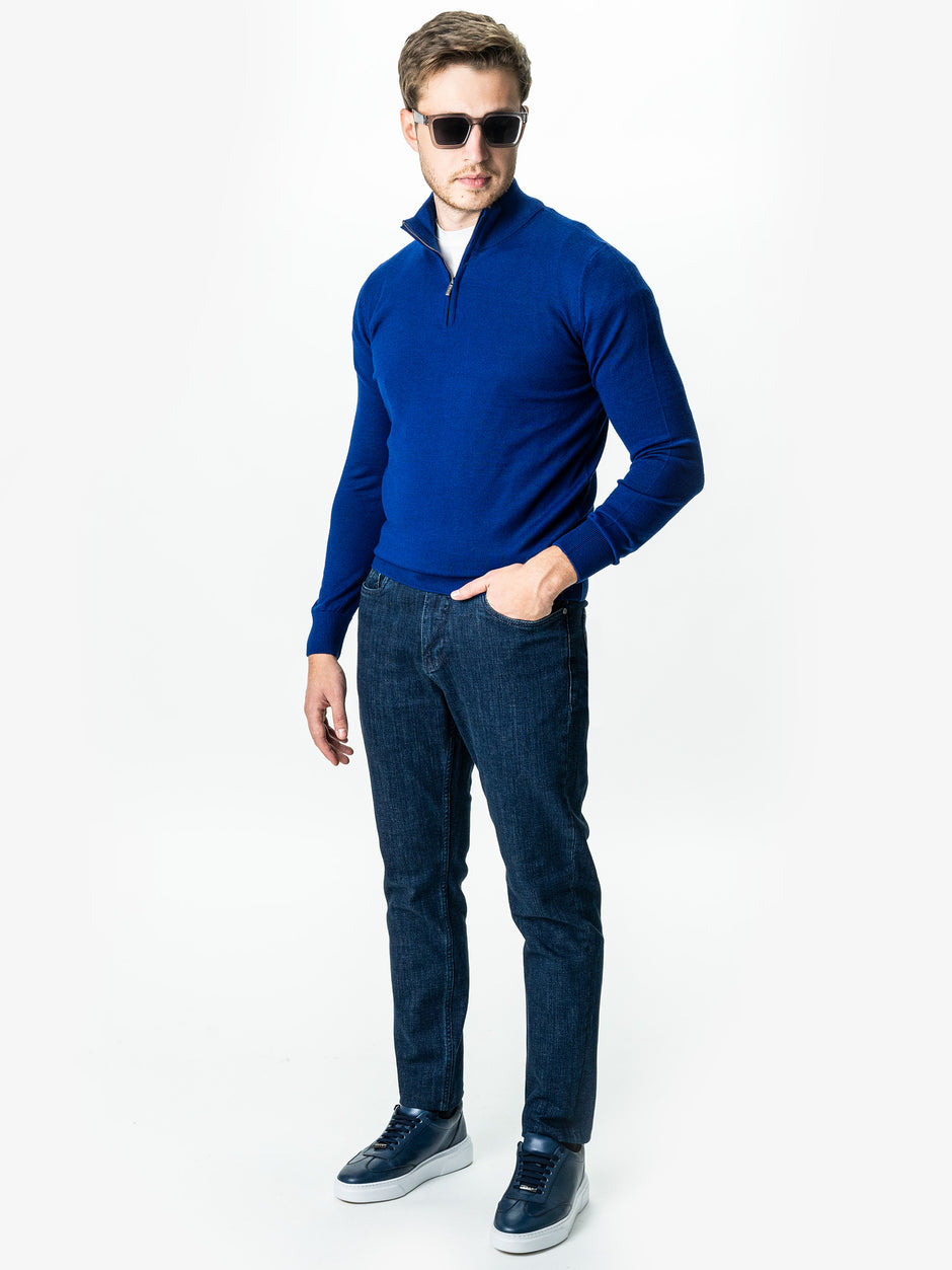 Pulover Cu Fermoar Albastru Indigo Barbati Office Lana Merino Falco BMan0003 (7)