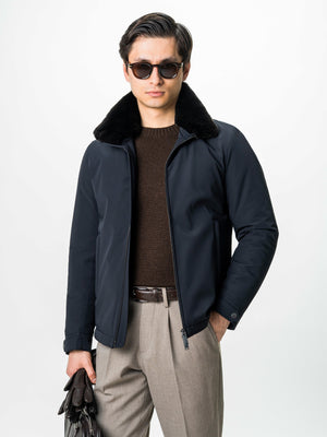 Geaca Barbati Toamna Iarna Bleumarin Guler Blana Naturala BMan0003