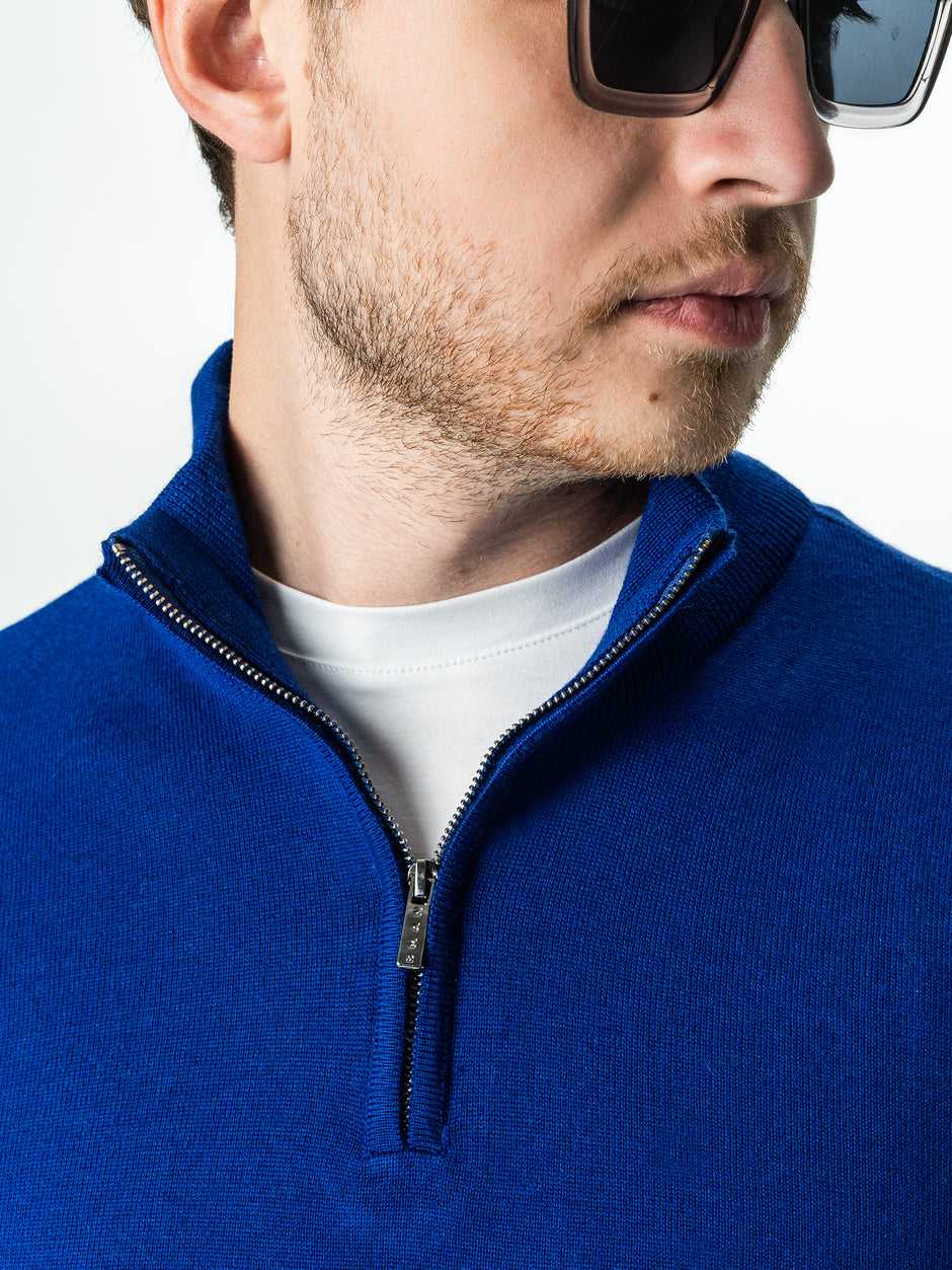 Pulover Cu Fermoar Albastru Indigo Barbati Office Lana Merino Falco BMan0003 (3)