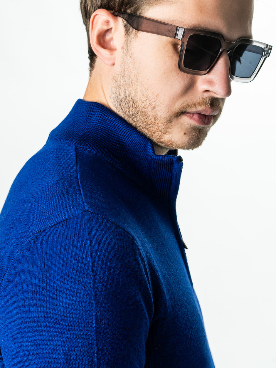 Pulover Cu Fermoar Albastru Indigo Barbati Office Lana Merino Falco BMan0003 (5)