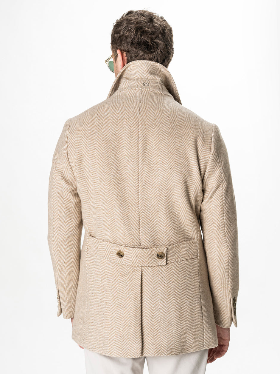 Palton Scurt Barbati Crem Herringbone din Lana BMan0010 (13)