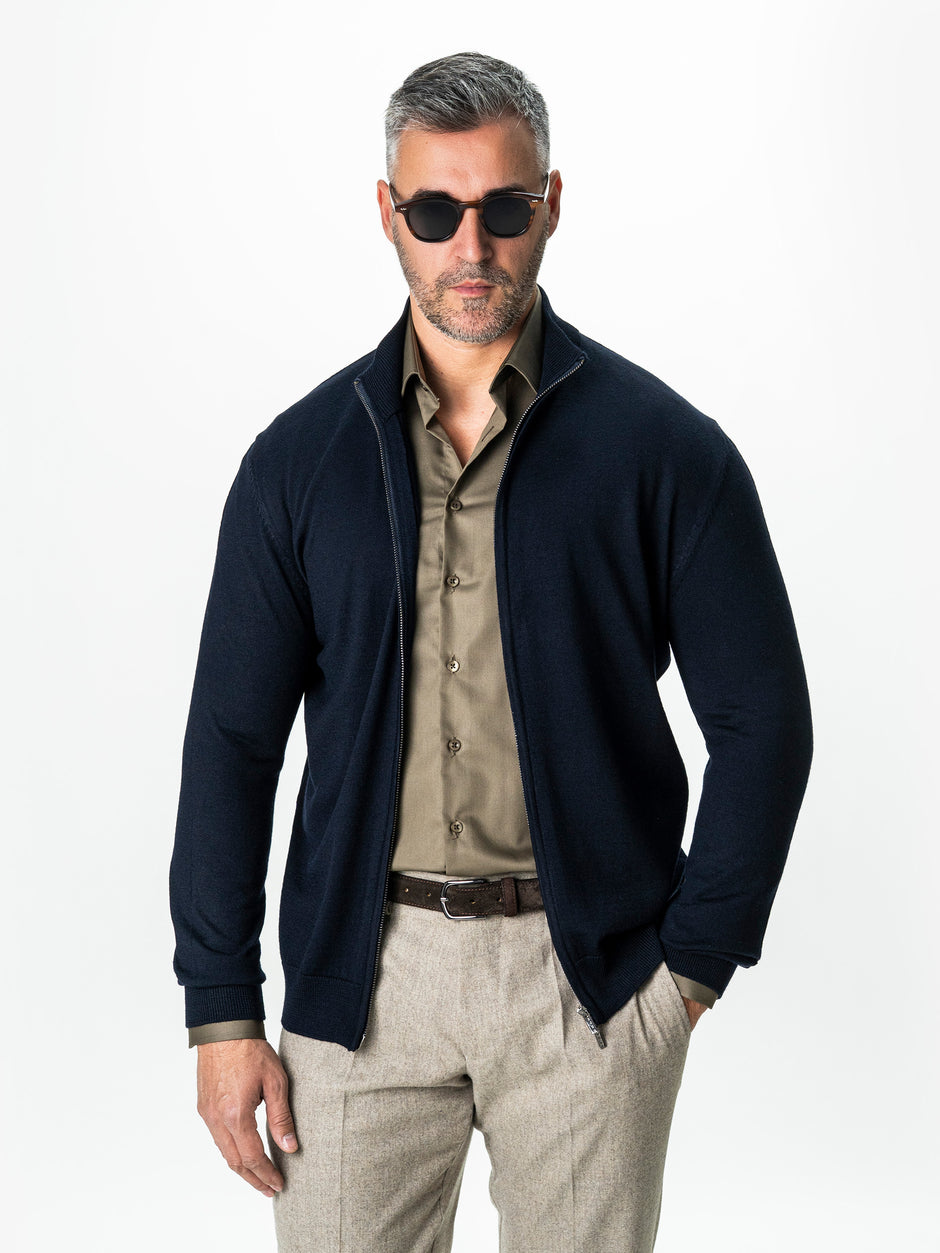 Pulover Cu Fermoar Lung Barbati Albastru Bleumarin Lana Merinos Falco BMan0005 (4)