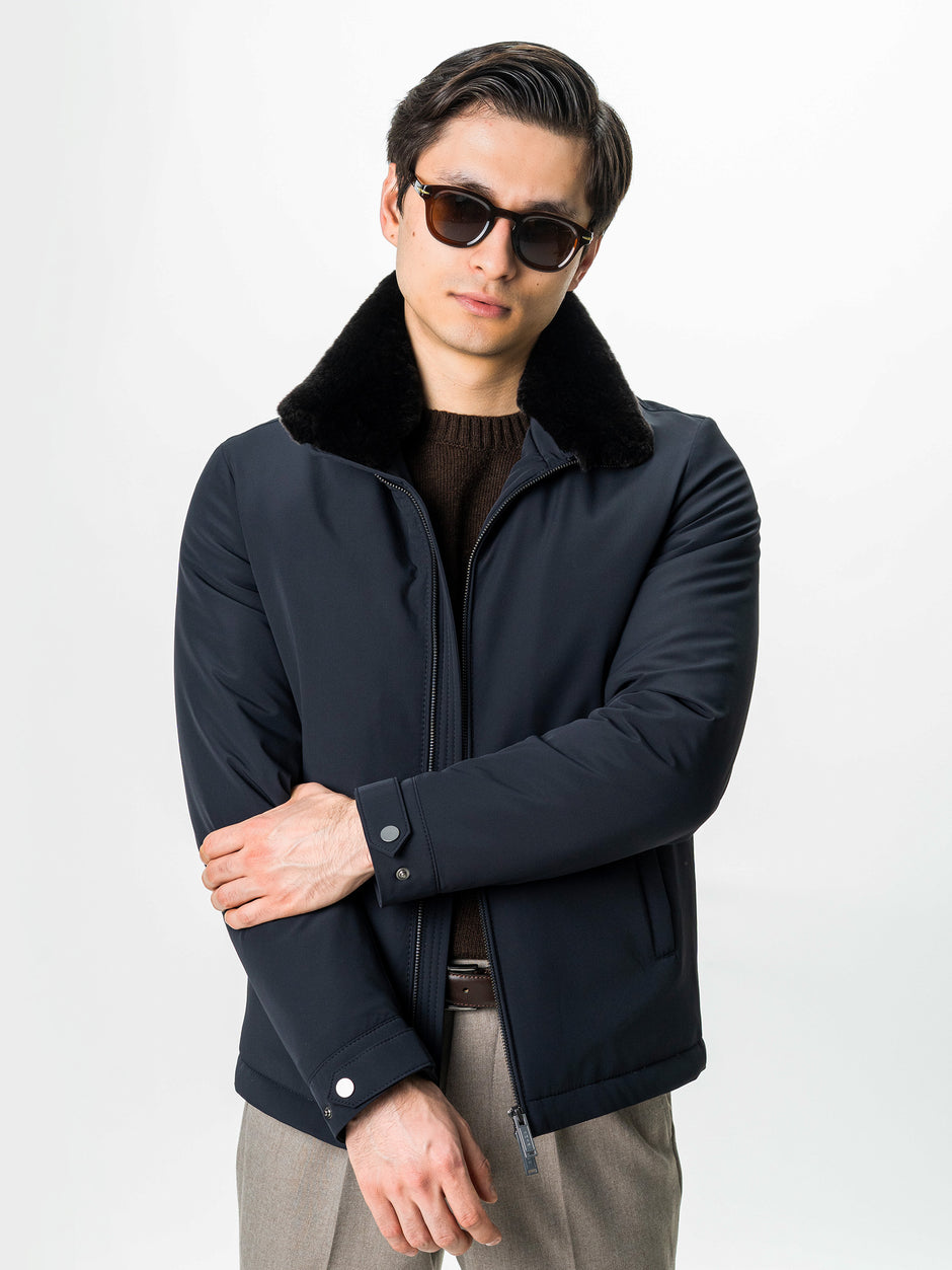 Geaca Barbati Toamna Iarna Bleumarin Guler Blana Naturala BMan0003 (6)