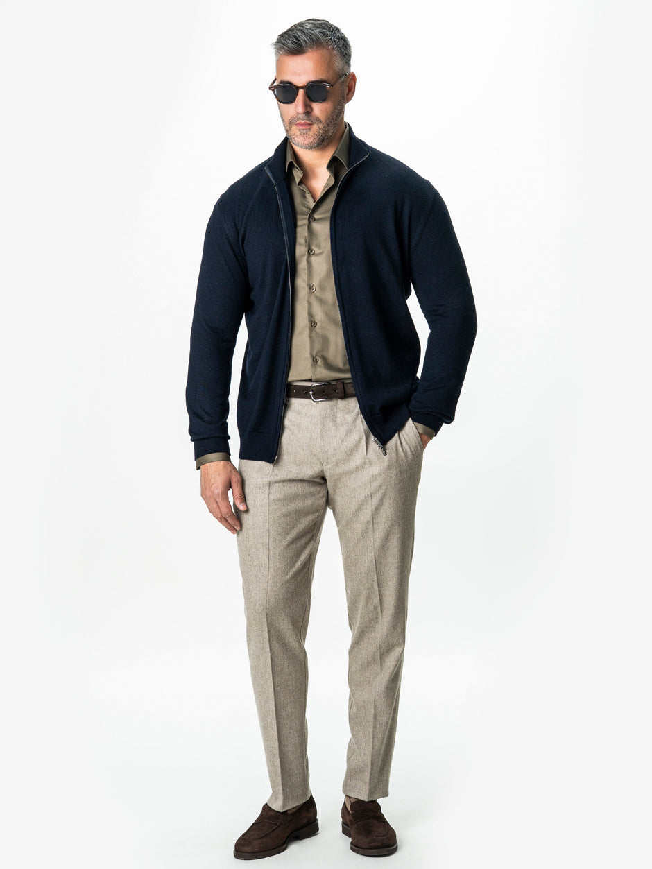 Pulover Cu Fermoar Lung Barbati Albastru Bleumarin Lana Merinos Falco BMan0005 (1)