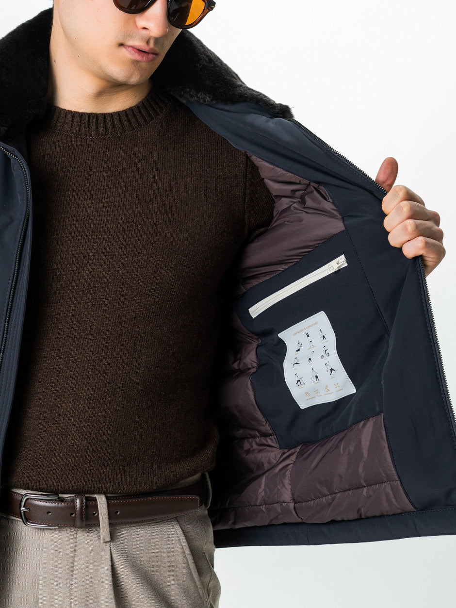 Geaca Barbati Toamna Iarna Bleumarin Guler Blana Naturala BMan0003 (7)