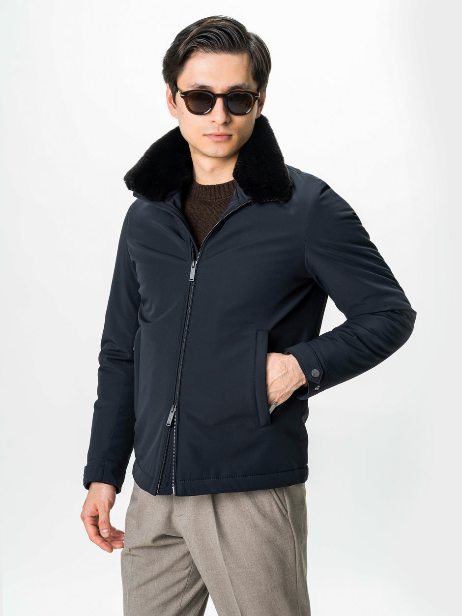 Geaca Barbati Toamna Iarna Bleumarin Guler Blana Naturala BMan0003 (8)