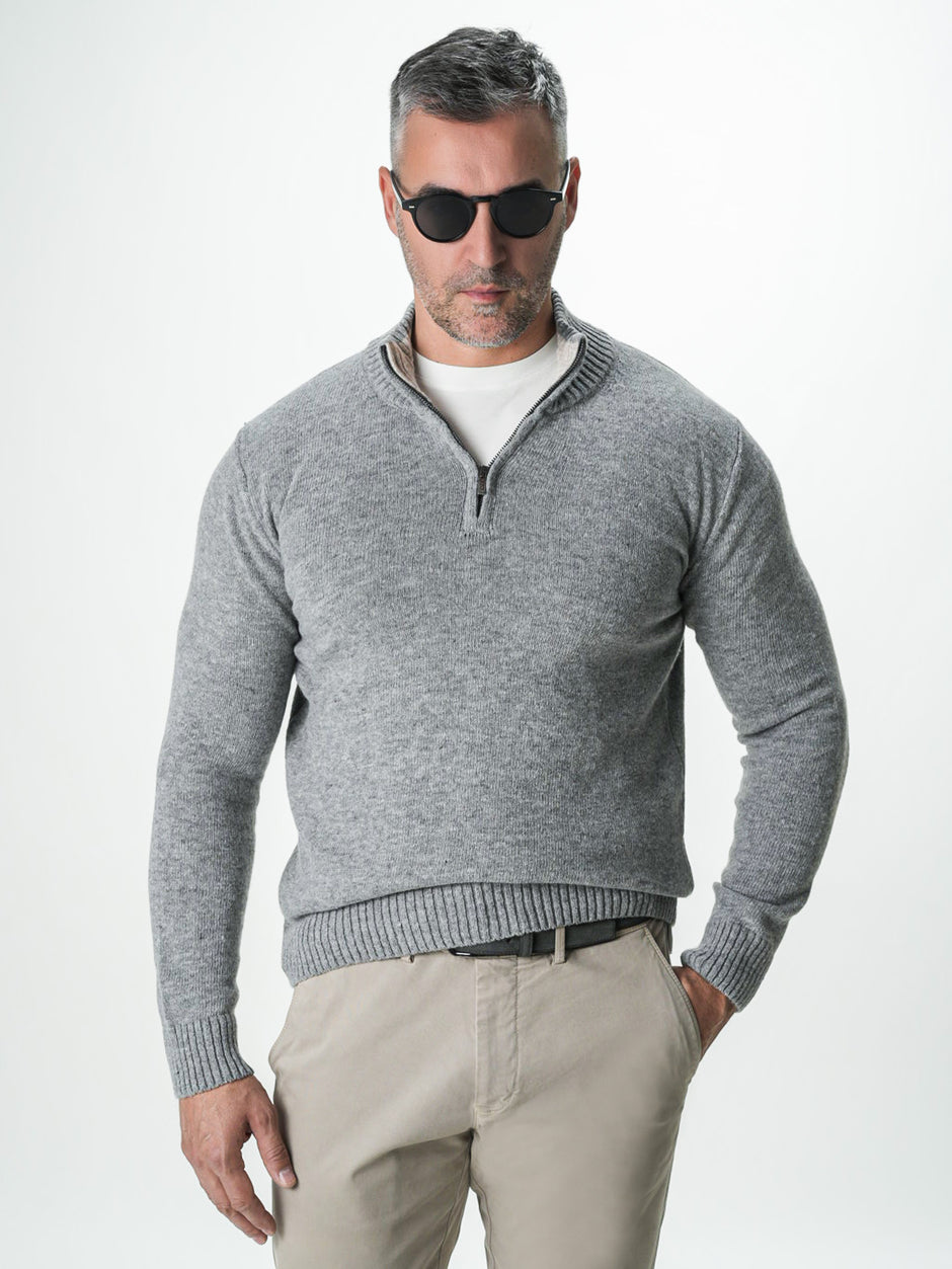 Pulover Gri Barbati 100% Lana Lambswool Cu Fermoar BMan0027 (5)