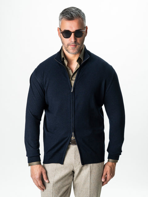 Pulover Cu Fermoar Lung Barbati Albastru Bleumarin Lana Merinos Falco BMan0005