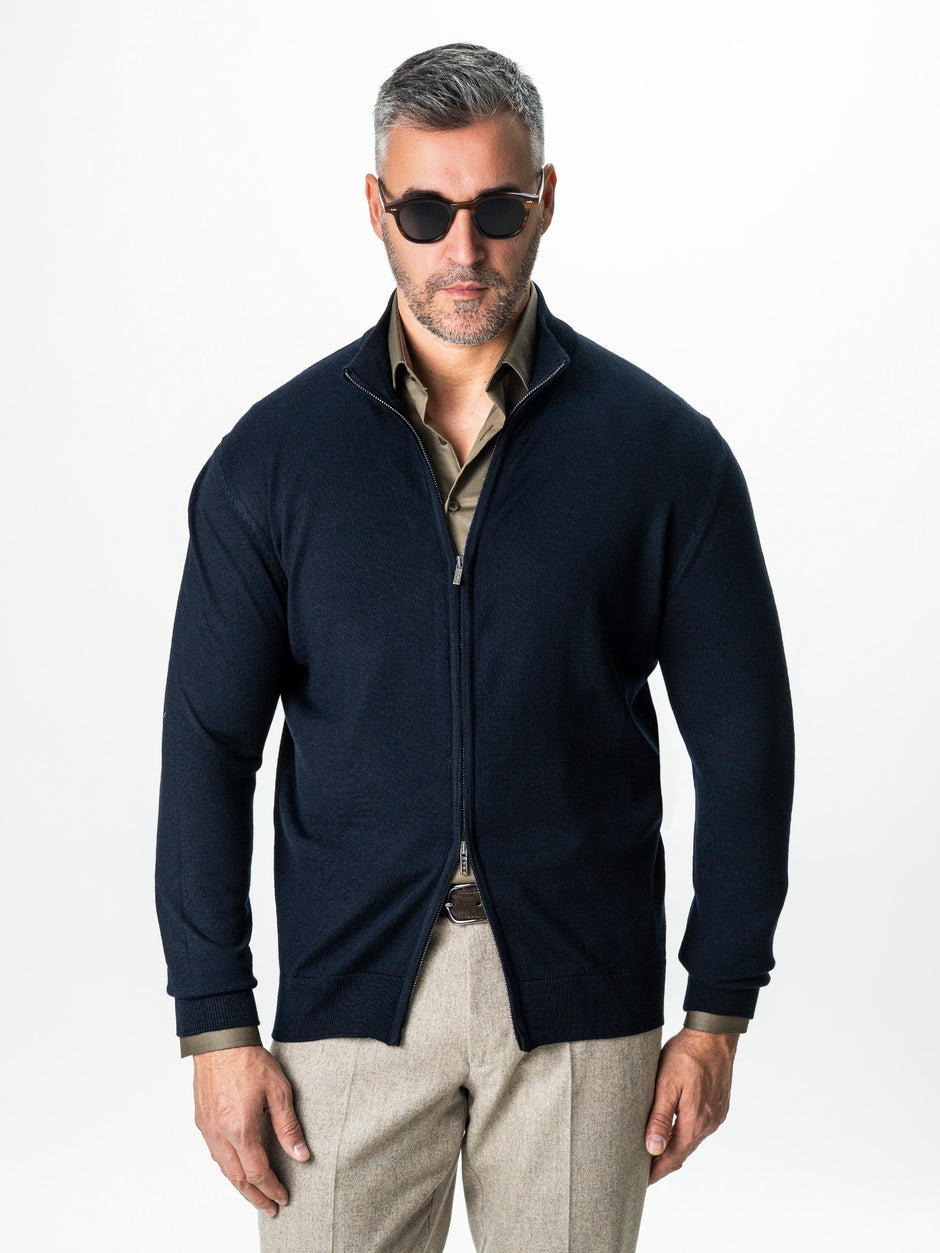 Pulover Cu Fermoar Lung Barbati Albastru Bleumarin Lana Merinos Falco BMan0005 (2)