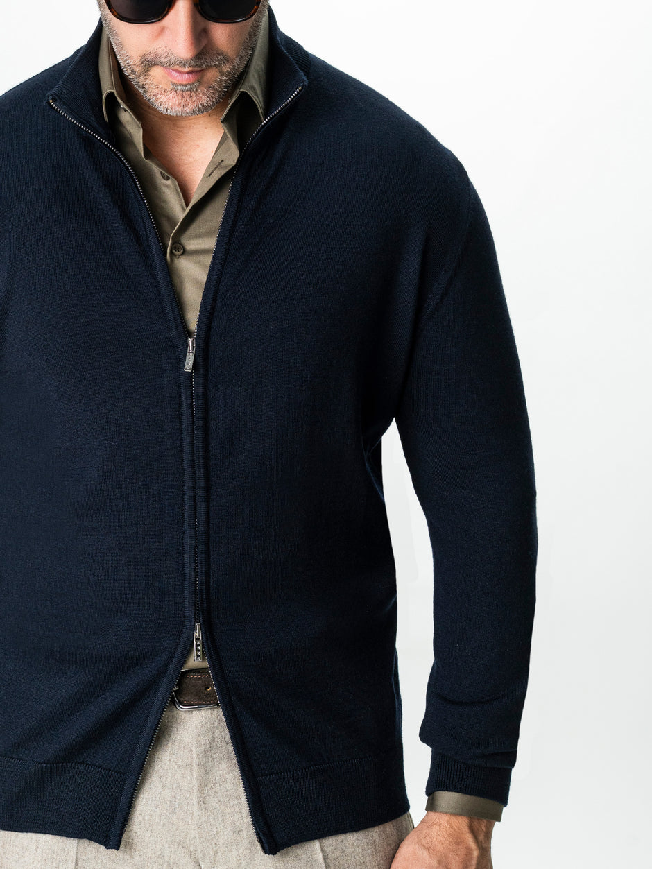 Pulover Cu Fermoar Lung Barbati Albastru Bleumarin Lana Merinos Falco BMan0005 (5)