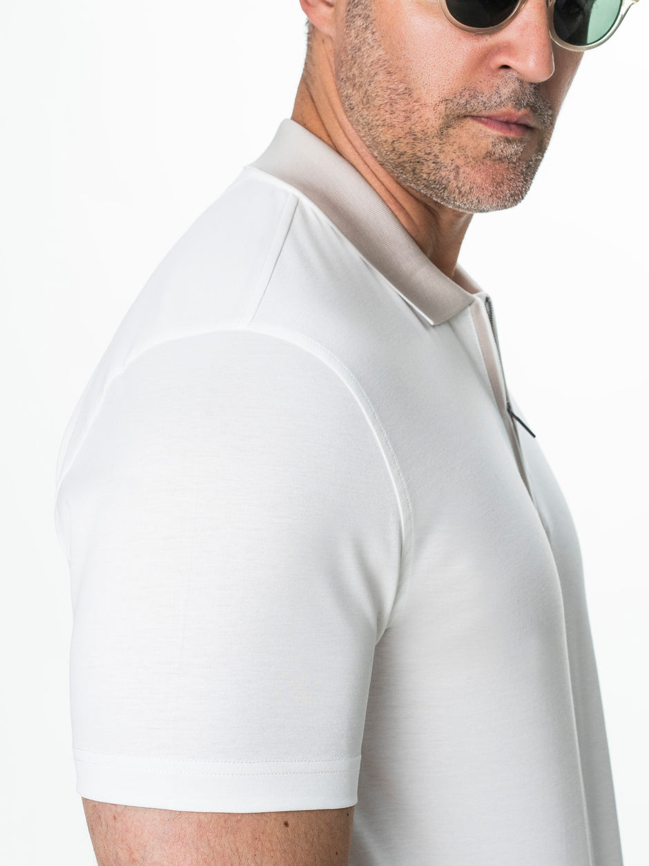 Tricou Barbati Polo Alb Guler Crem 100% Bumbac Egiptean BMan293 (4)