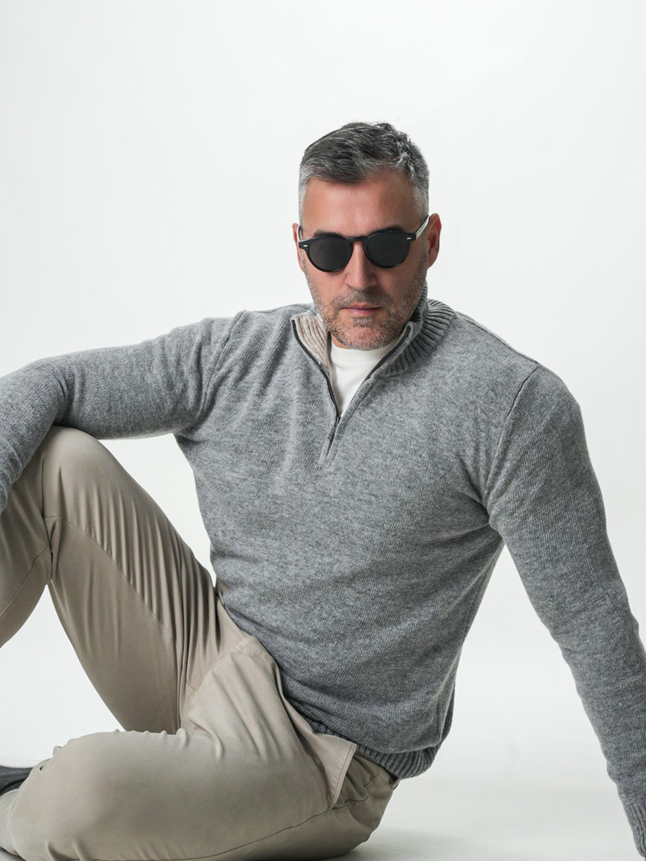 Pulover Gri Barbati 100% Lana Lambswool Cu Fermoar BMan0027 (2)