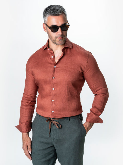 Camasa Caramizie Din In Natural Tesatura Monti Barbati De Vara BMan0064