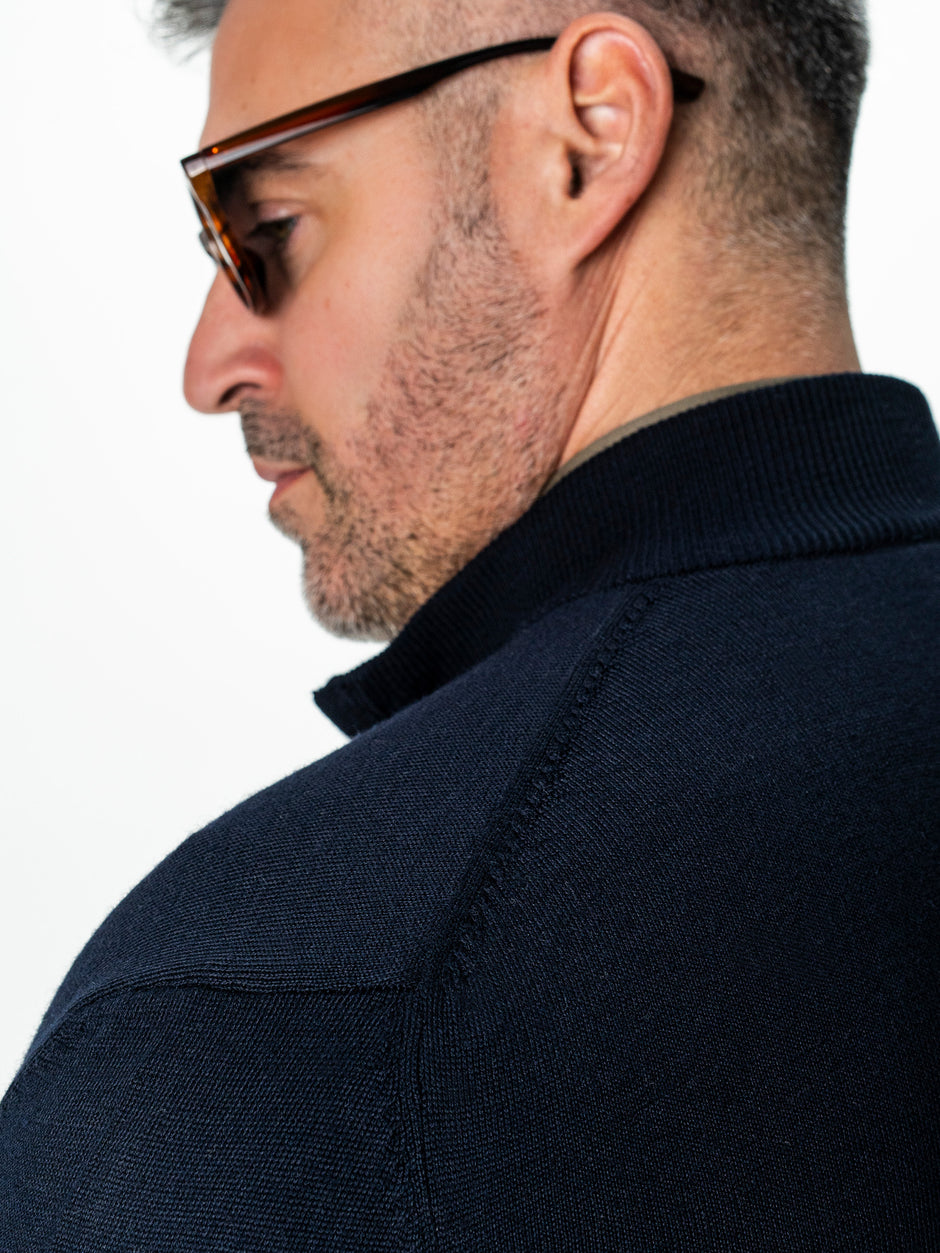 Pulover Cu Fermoar Lung Barbati Albastru Bleumarin Lana Merinos Falco BMan0005 (6)