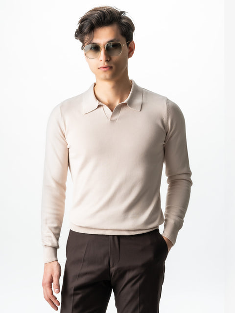 Pulover Barbati Office Crem Guler Polo Fara Nasturi  Bumbac Soft 100% Natural Galbiatti Cotton Toamna&Iarna  BMan0013 (1)