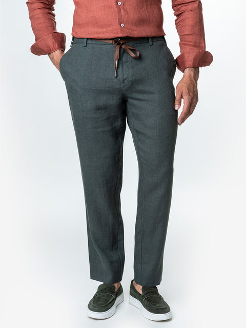 Pantaloni Casual Cu Snur Barbati Din In Natural 100% Verde Kaki De Vara BMan714