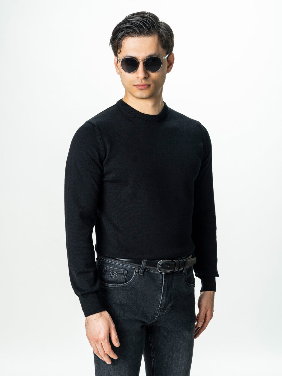 Pulover Casual Guler Rotund  Negru Barbati 100% Bumbac BMan0008 (1)