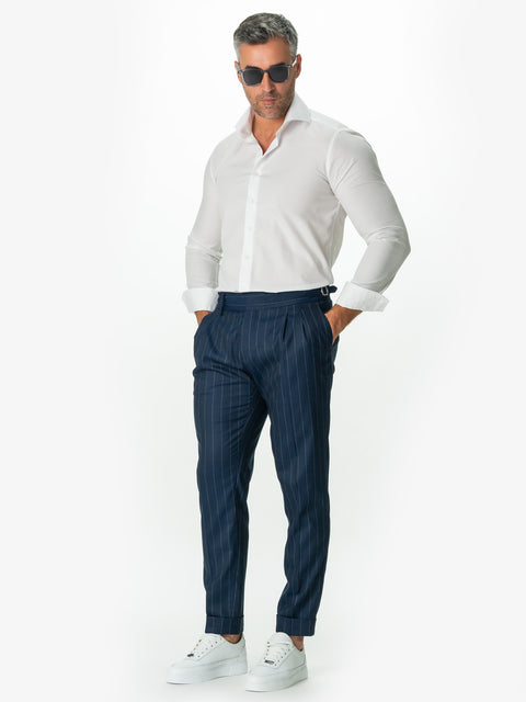 Pantaloni Bleumarin Barbati Gurkha Cu Pebse In Dungi Fine Albe Smart Casual BMan701