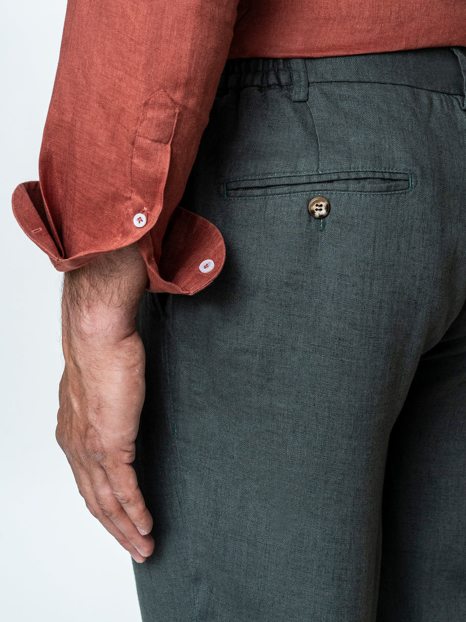 Pantaloni Casual Cu Snur Barbati Din In Natural 100% Verde Kaki De Vara BMan714 (7)