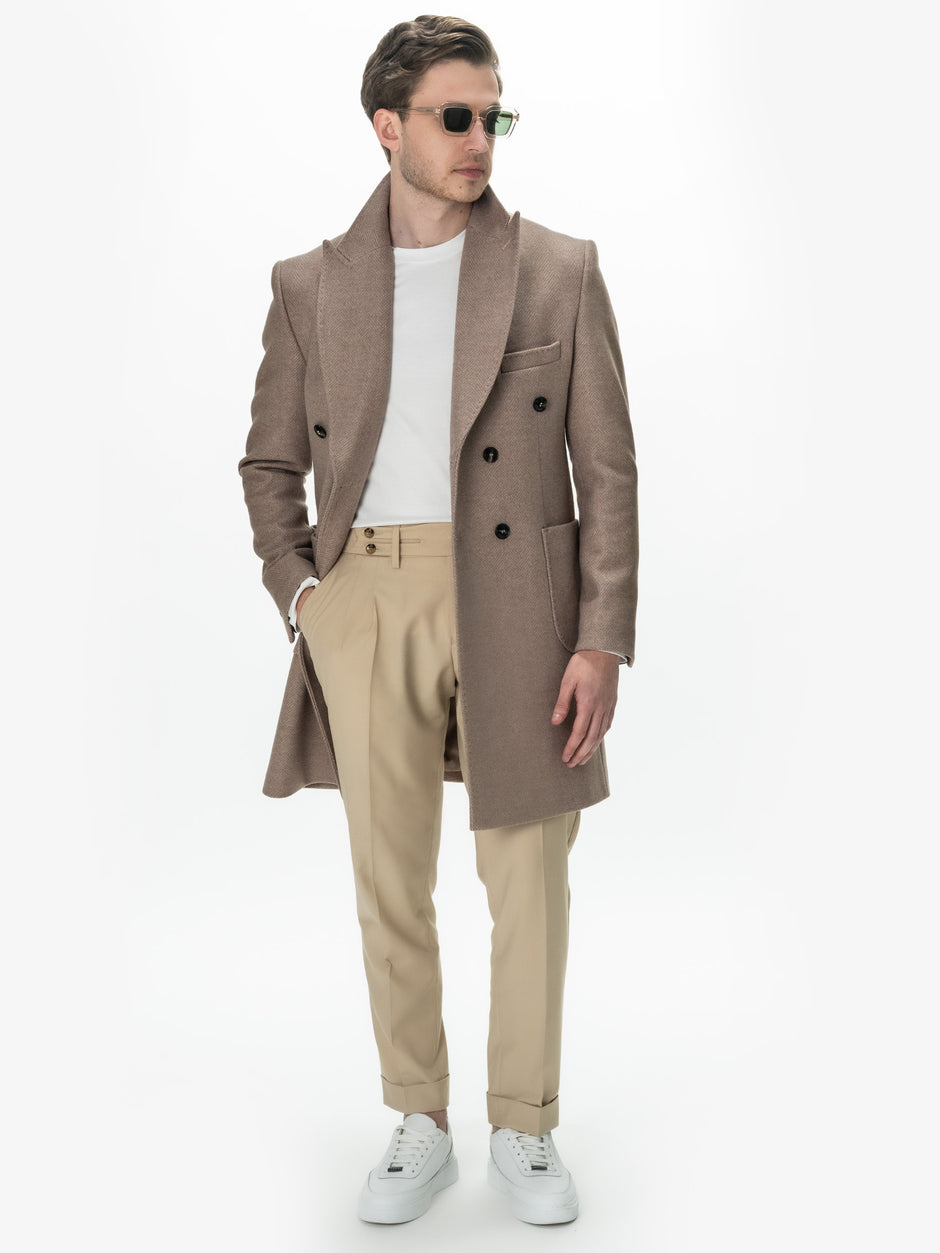 Palton Barbati Crem 100% Lana Herringbone Doua Randuri Bman122 (8)