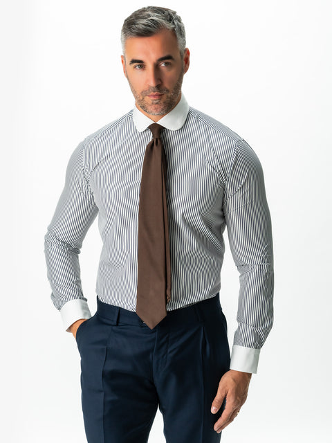 Camasa Eleganta Premium Guler Club Vintage Bărbați Alba In Dungi Bleumarin Bumbac Italienesc Monti BMan0035 (1)