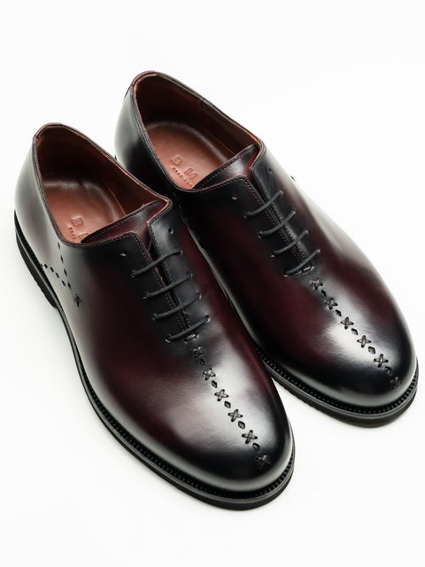Pantofi Barbati Eleganti Oxford Bordo Patina Piele Naturala Design Prato Insertie Bombeu BMan0405 (7)