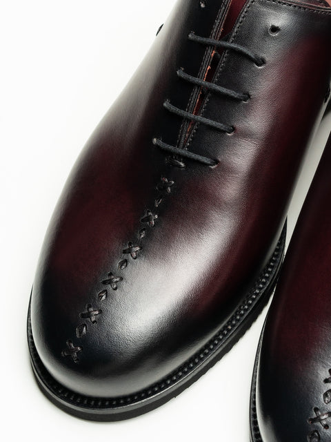 Pantofi Barbati Eleganti Oxford Bordo Patina Piele Naturala Design Prato Insertie Bombeu BMan0405 (3)