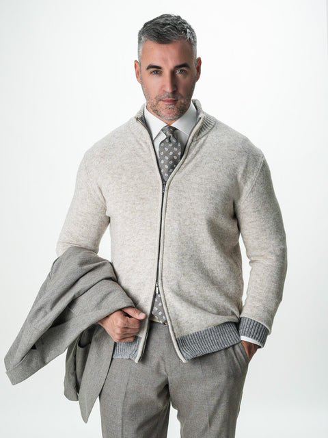 Pulover Barbati Crem Cu Fermoar 100% Lana Lambswool BMan0035