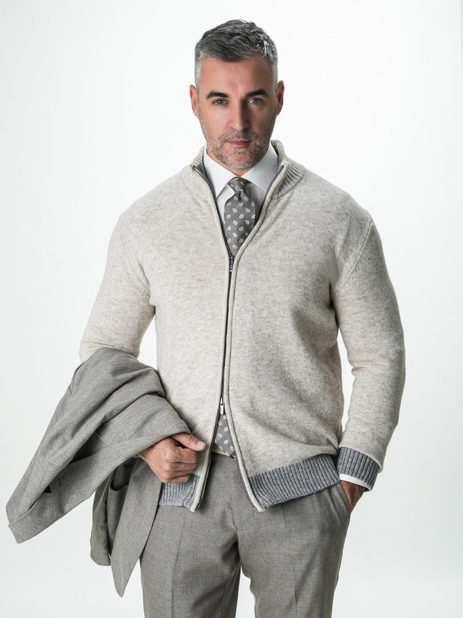 Pulover Barbati Crem Cu Fermoar 100% Lana Lambswool BMan0035 (1)