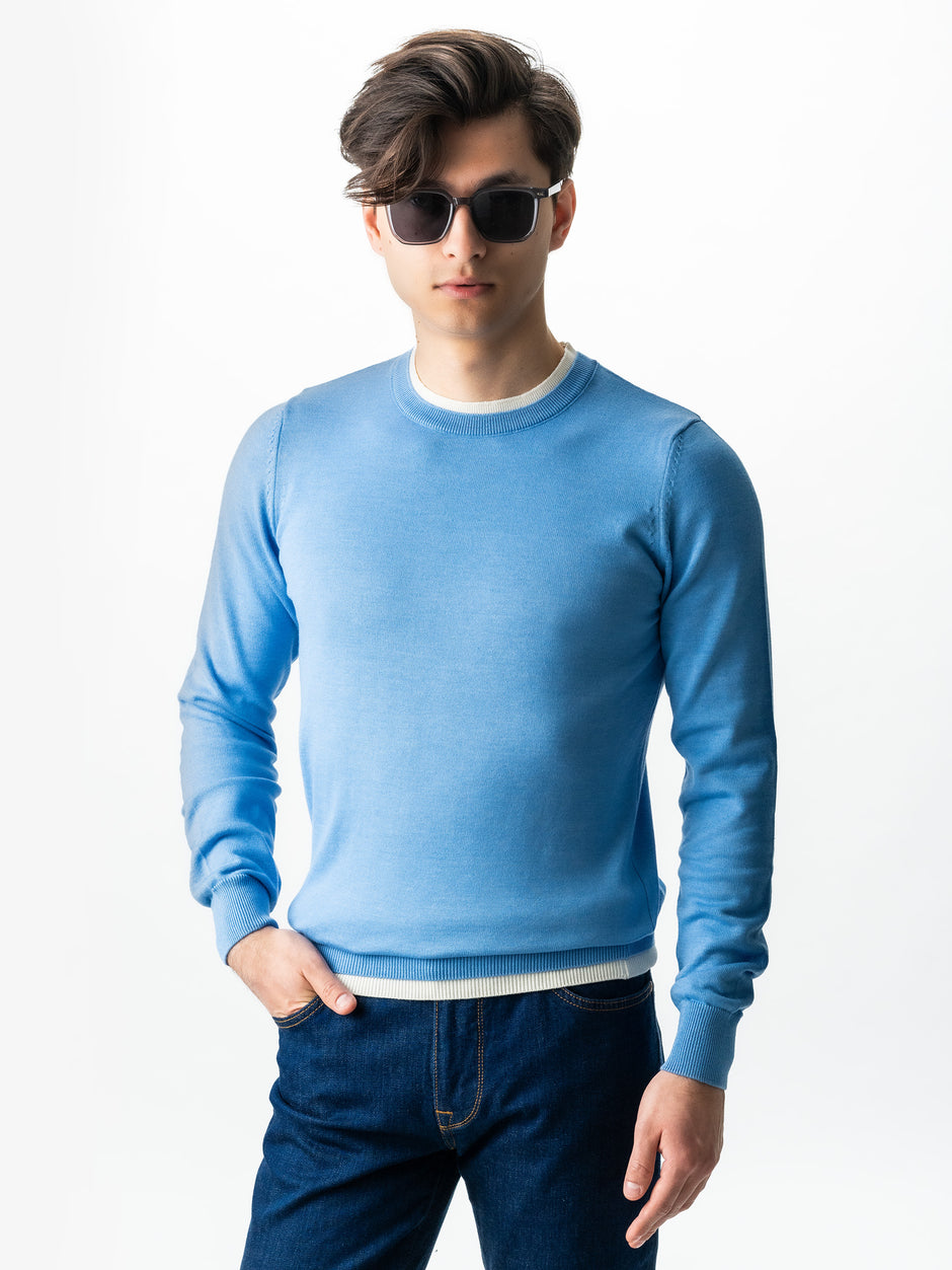 Pulover Barbati Casual Din Bumbac Albastru Guler Circular Dublat BMan0011 (5)