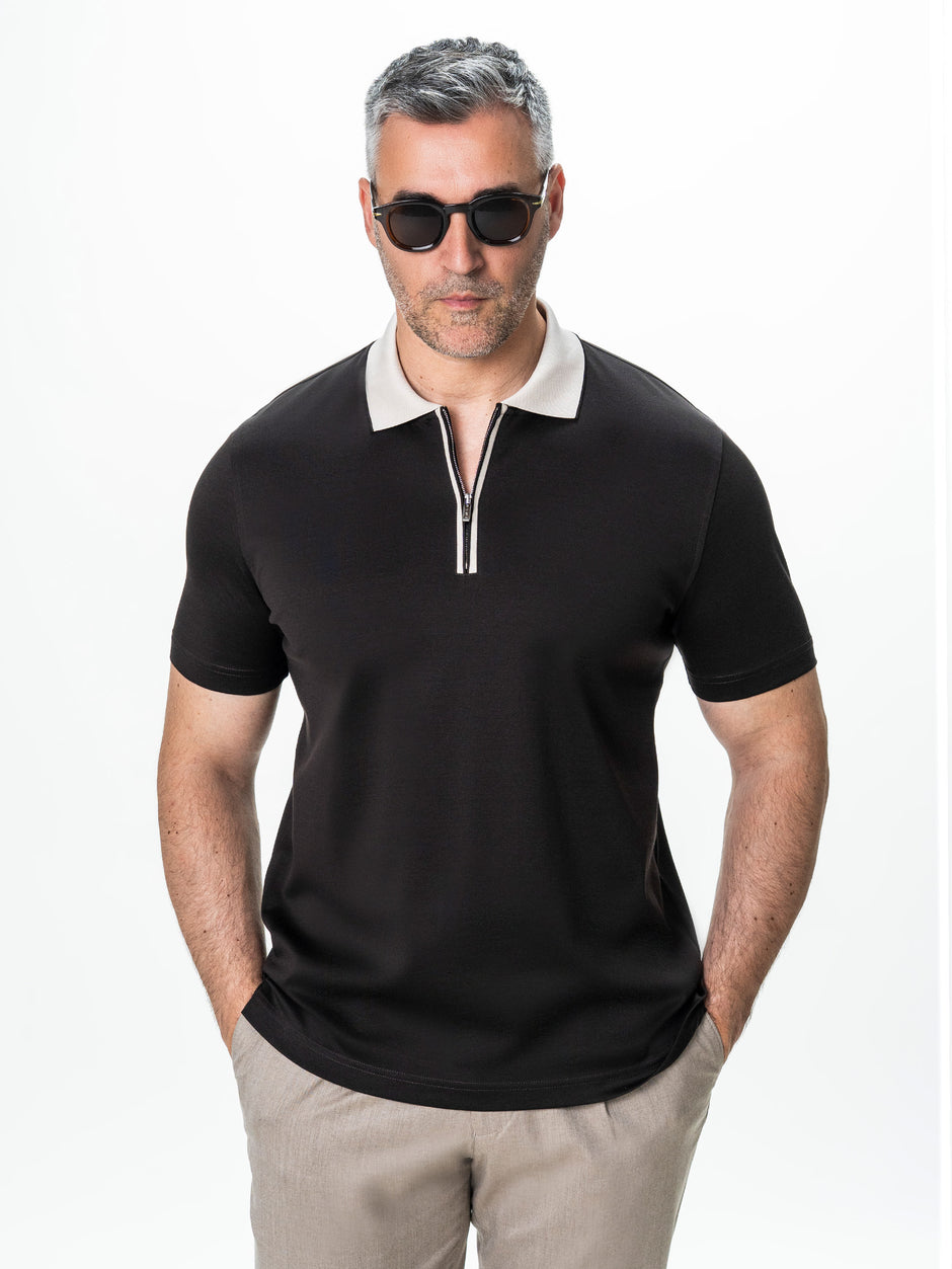 Tricou Barbati Polo Cafeniu Guler Crem 100% Bumbac Egiptean BMan293 (3)