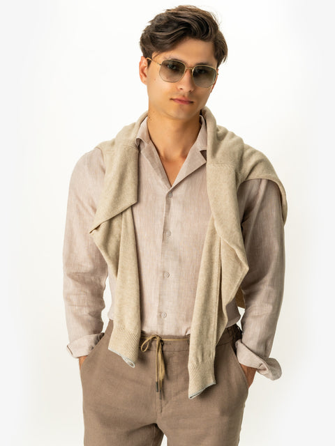 Pantaloni Casual Cu Snur Barbati Din In Natural 100% Bej De Vara BMan714 (6)
