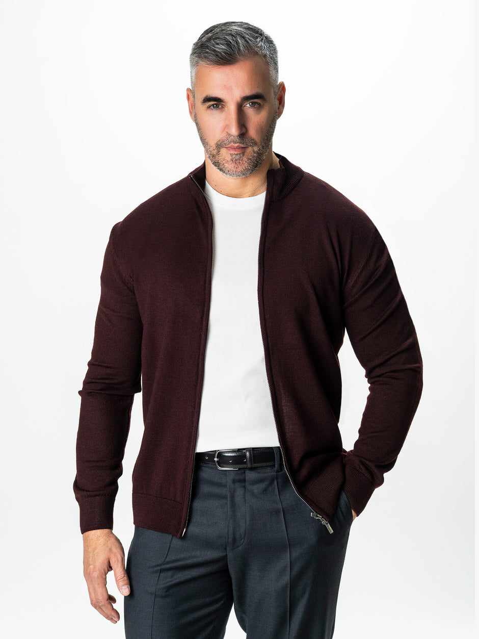 Pulover Cu Fermoar Lung Barbati Bordo Visiniu Lana Merinos Falco BMan0005 (4)