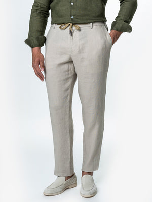 Pantaloni Casual Cu Snur Barbati Din In Natural 100% Bej De Vara BMan714