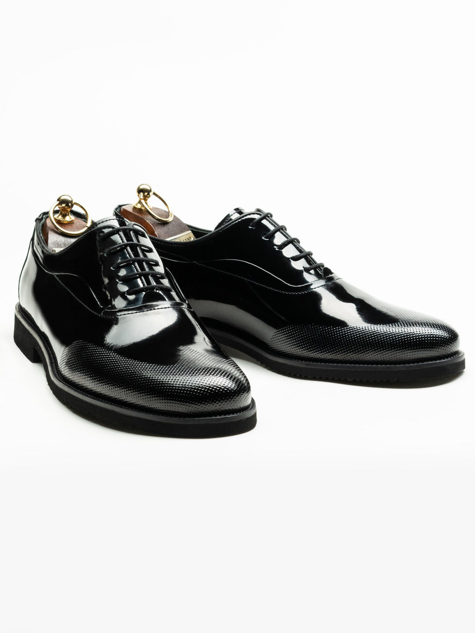 Pantofi Eleganti Barbati Negru Lucios Oxford Piele Naturala Cu Insertie Pe Bombeu BMan0406 (1)