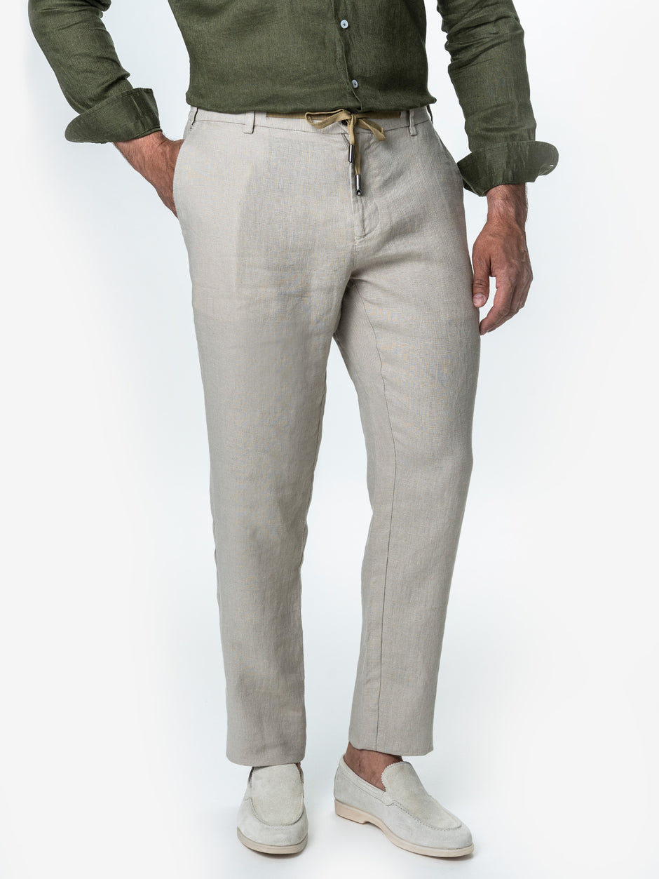Pantaloni Casual Cu Snur Barbati Din In Natural 100% Bej De Vara BMan714 (4)