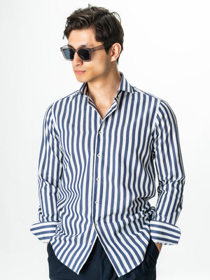 Camasa Barbati Business Albastru Marine În Dungi Bumbac Poplin BMan0016
