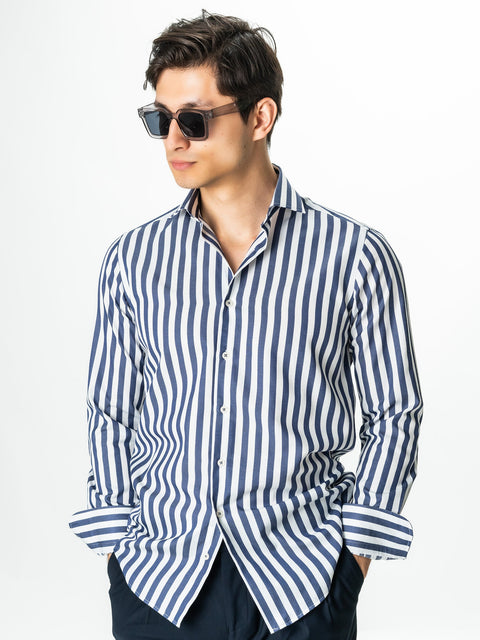 Camasa Barbati Business Albastru Marine În Dungi Bumbac Poplin BMan0016
