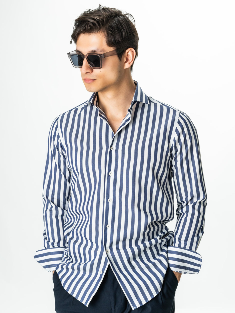 Camasa Barbati Business Albastru Marine În Dungi Bumbac Poplin BMan0016 (1)
