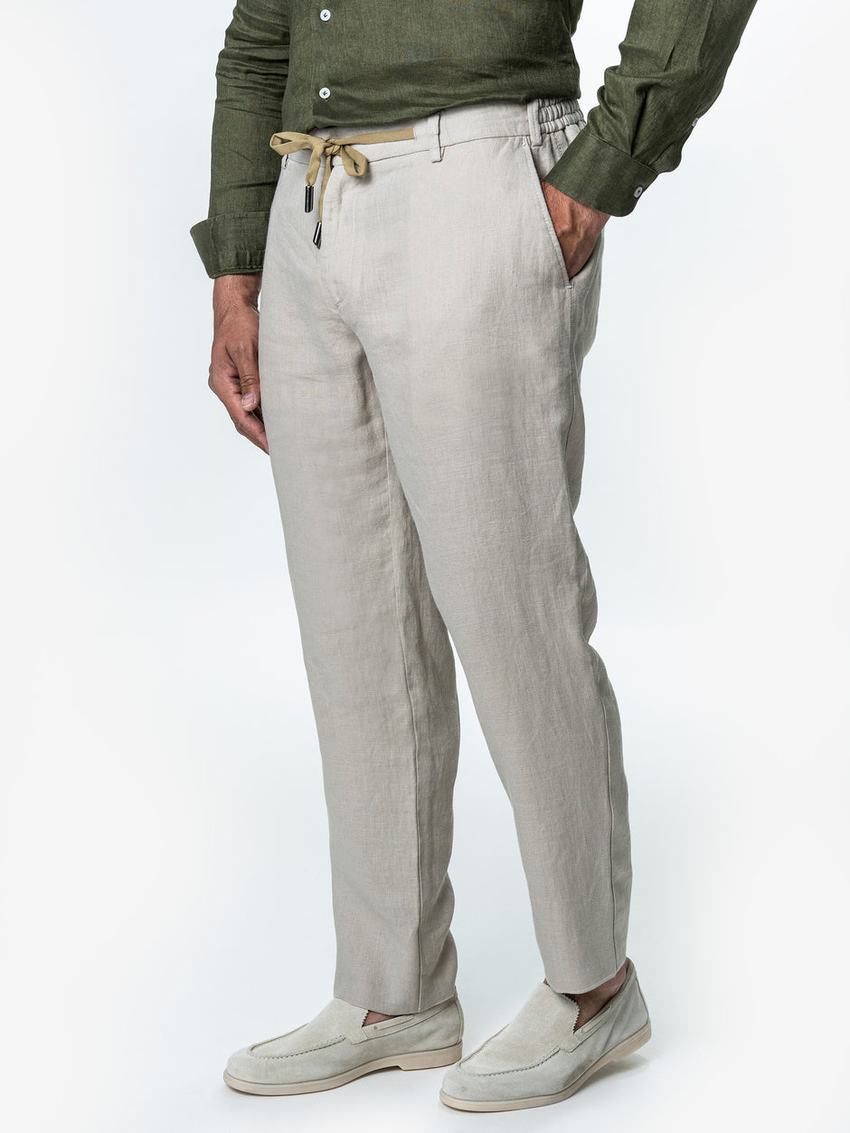 Pantaloni Casual Cu Snur Barbati Din In Natural 100% Bej De Vara BMan714 (5)